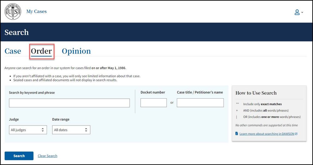 DAWSON Search Image - Order Tab